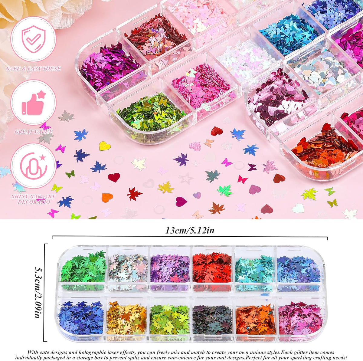 5 Boxes 60 Colors Holographic Nail Art Sequins Kit, Iridescent Sparkle Laser Hollow 3D Star Butterfly Heart Round Mixed-shapes Nail Glitter Flakes for Manicure Body Makeup Craft DIY (1-colorful-kit1)