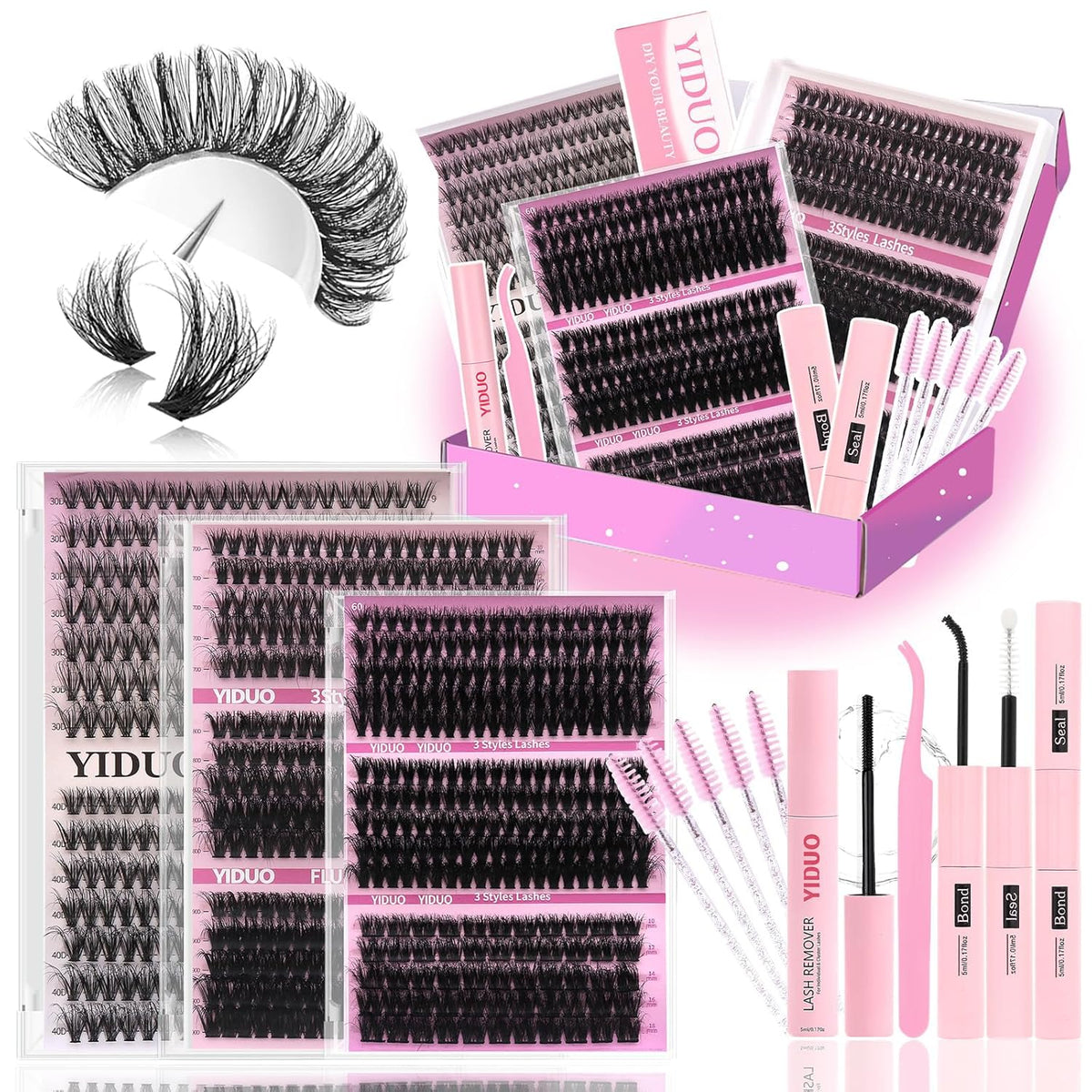 Lashes 7 style Mixed C-Curl False Eyelashes Extensions Clusters Lashes Kit Gift Packs 835Pcs with Bond&Seal Faux Mink Individual Lash Wholesale Pack DIY Individual Fake Eyelashes Box