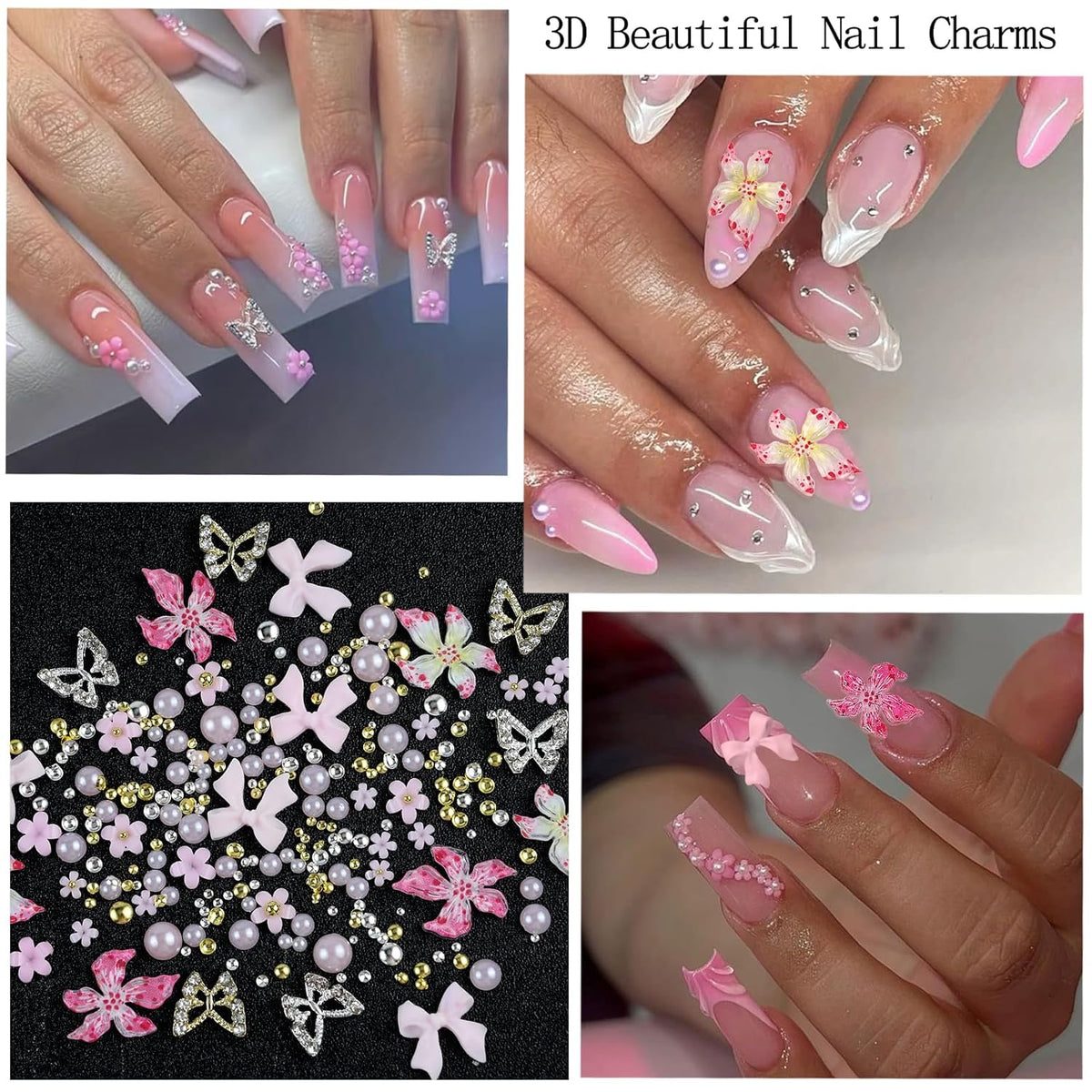 Nail Art Charms with Rhinestones Glue Gel Pink Flatback Pearls Flower Bow Nail Gems Supplies Accessories Gold Silver Nails Decoration Pearls for Women Nails Design