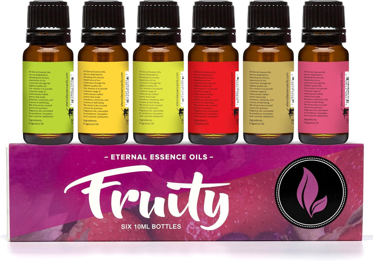 Eternal Essence Oils Fruity Set of 6 Premium Fragrance Oils - Includes Apple, Mango Madness, Honeydew Melon, Strawberry, Pear, and Grapefruit Scented Oil - 10ML