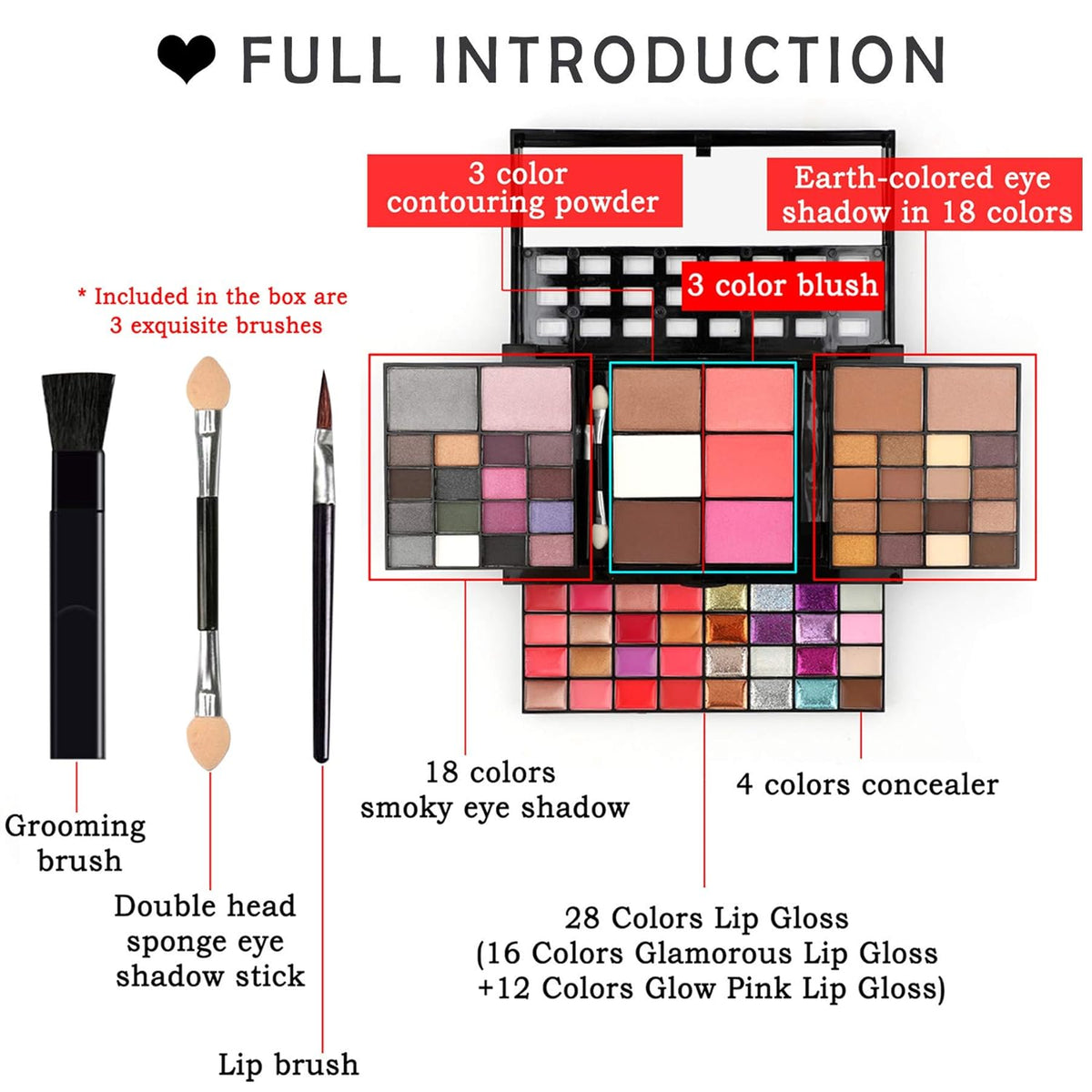 Professional Makeup Palette Set, 36 Colors Eyeshadow + 28 Lip Glosses + 4 Concealer Powder + 3 Blushers + 2 Contouring + 1 Highlight + 3 Brushes + Mirror, Make Up Palette Set