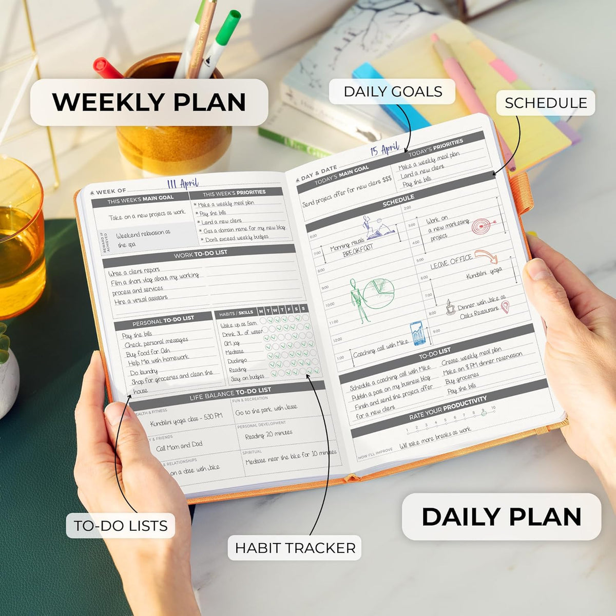 Clever Fox Daily Planner – Undated Planning Notebook with Hourly Schedule & To-Do List – Personal Day Task & Work Organizer, 6 Months (Orange)