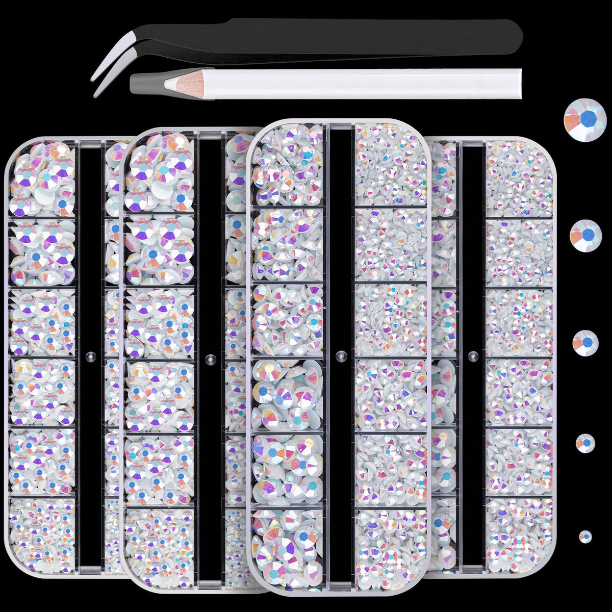 7000PCS Resin Rhinestones with Tweezers for Crafting, 2/3/4/5/6mm Flatback Jelly Rhinestones, 4 Box White AB Non Hotfix Crystal Gems for DIY Crafts Mugs Tumblers Clothes Makeup Nail