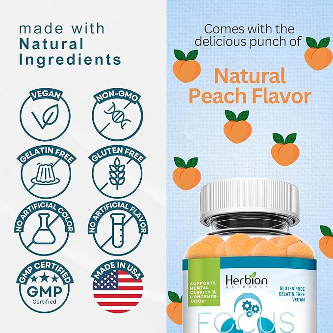 HERBION Naturals Taurine Gummies with Ginseng, L-Theanine, Vitamin C, B3, B6, & B12, Helps Support Mental Clarity & Concentration*, Natural Peach Flavor, Gluten-Free, 60 Pectin Gummies, Made in USA