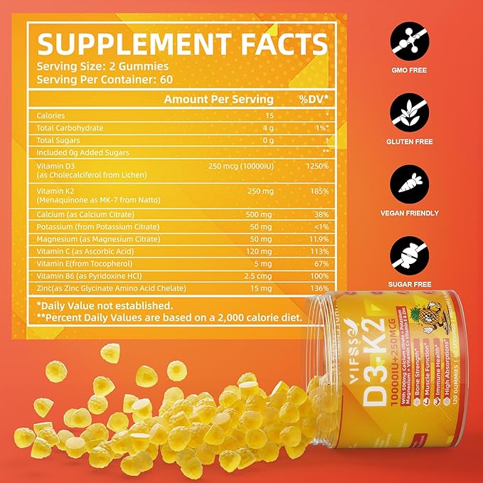 Vitamin D3 K2 Sugar-Free 120 Gummies, Vitamin D3 10,000IU with K2 (MK-7) 200mcg, 600mg Calcium +Magnesium Citrate, Multivitamin Adults Vitamin C+A, Support Bone Muscle Teeth Immune, Energy