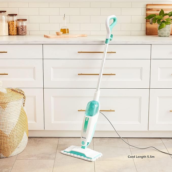 Shark S1000 Steam Mop with 2 Dirt Grip Pads, Lightweight, Safe for all Sealed Hard Floors like Tile, Hardwood, Stone, Laminate, Vinyl & More, Machine Washable, Removable Water Tank, White/Seafoam