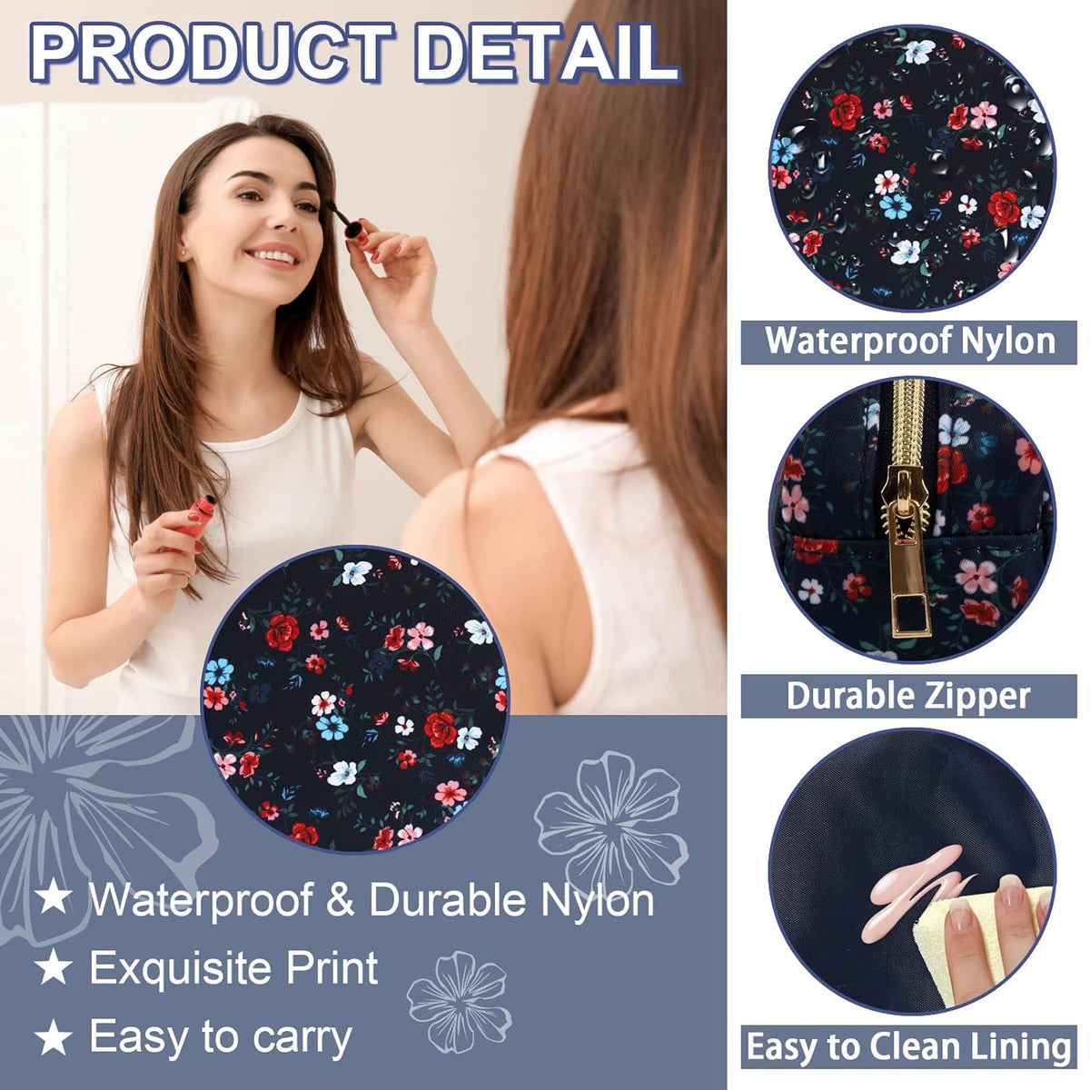Waterproof Small Floral Pencil Case Makeup Bag for Purse,Cute Flower Pencil Pouch Preppy Nylon Makeup Brush Holder with Zipper,Girls Portable Storage Case Pen Bag for Work(Slim Black-Flowers)