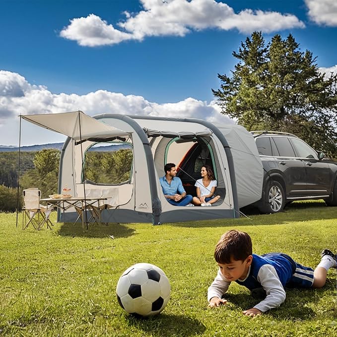 Inflatable SUV Tent for Camping, Large Quick Setup Blow Up Tents, 6-Person Tent with Detachable Car Attachment, Van Tents with Storage Bag &Projection Screen, Waterproof SUV Awning for Travel