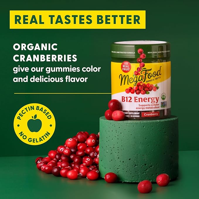 MegaFood Vitamin B12 Energy Gummies - Vegan - With Methyl B12 Vitamins to Support Cellular Energy Production - Cranberry - Daily Vitamin B12 Supplement - USDA Organic - 70 Gummies, 35 Servings