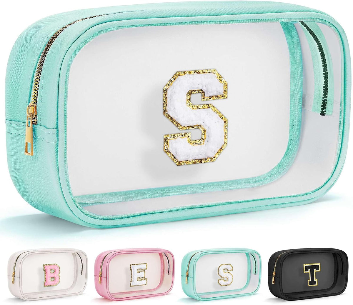 YOOLIFE Initial Make Up Bag Travel Toiletry Bag, Clear Makeup Bag Preppy Cosmetic Bags Organizer Travel Essentials Gifts for Women Teen Girlfriend Teacher Mom Birthday Mothers Day Gifts Blue S