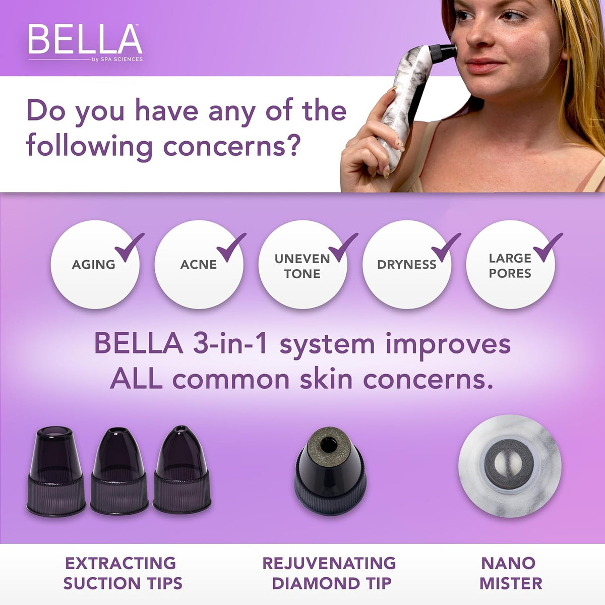 Spa Sciences - BELLA Microderm Pore Extractor & Nano Mister - 3-in-1 - Exfoliation & Pore Purification - Hydrating, Refreshing, Soothing - for All Skin Types - USB Charging