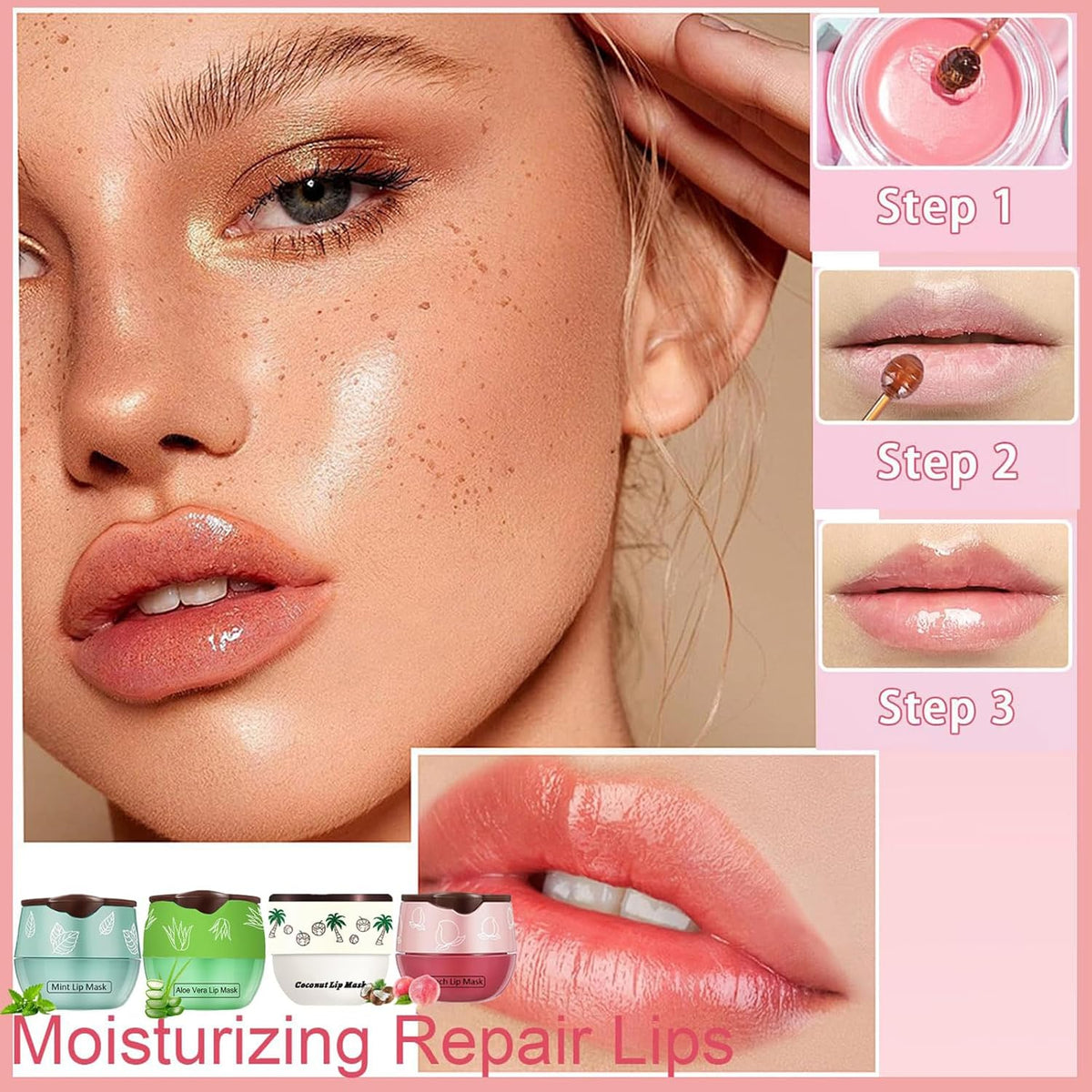 4 PCS Bee Lip Balm Honey Pot, Coconut Aloe Vera Peach Mint Sleeping Lip Mask Overnight with Sticks, Exfoliating Prevention Dry and Crack Lip Scrubs