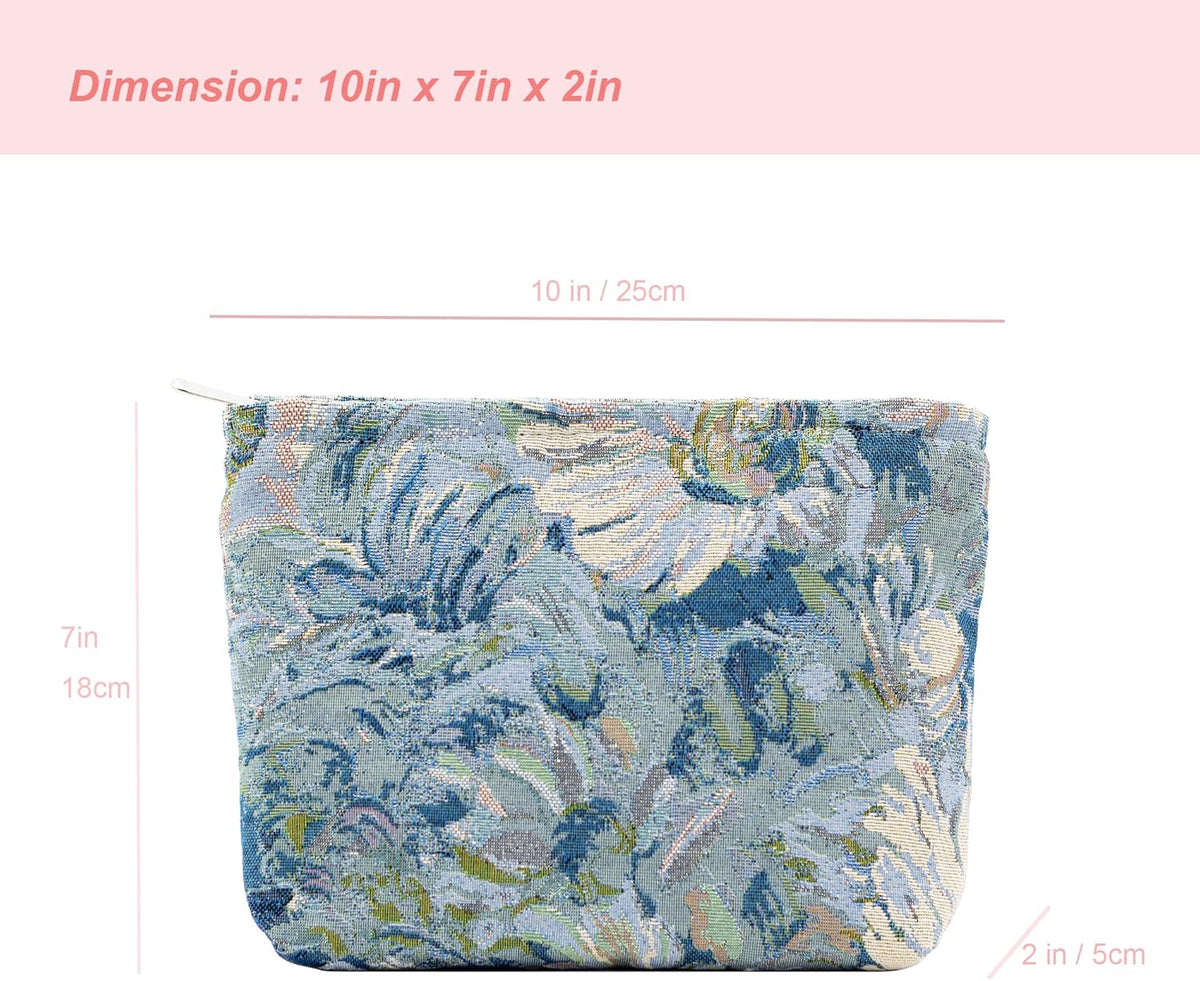 Makeup Bags for Purse Zipper Cosmetic Pouch Large Travel Canvas Make Up Organizer Tool Pouch for Women and Girls,Flower Blue
