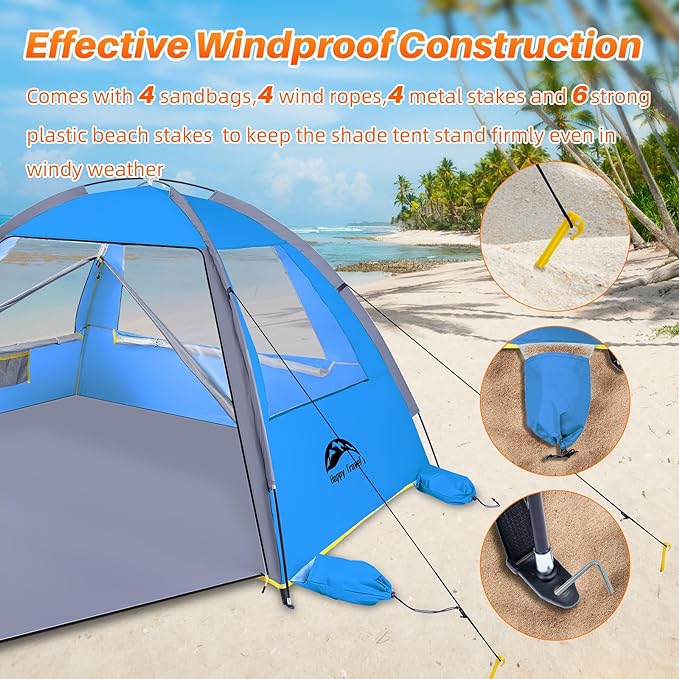 Happy Travel Beach Tent, UPF 50+ UV Protection Sun Shade Shelter for 3/4/5/6/7/8 Person, Portable Beach Canopy for Family & Baby, Lightweight & Easy Setup Beach Cabana with 3 Ventilation Mesh Windows