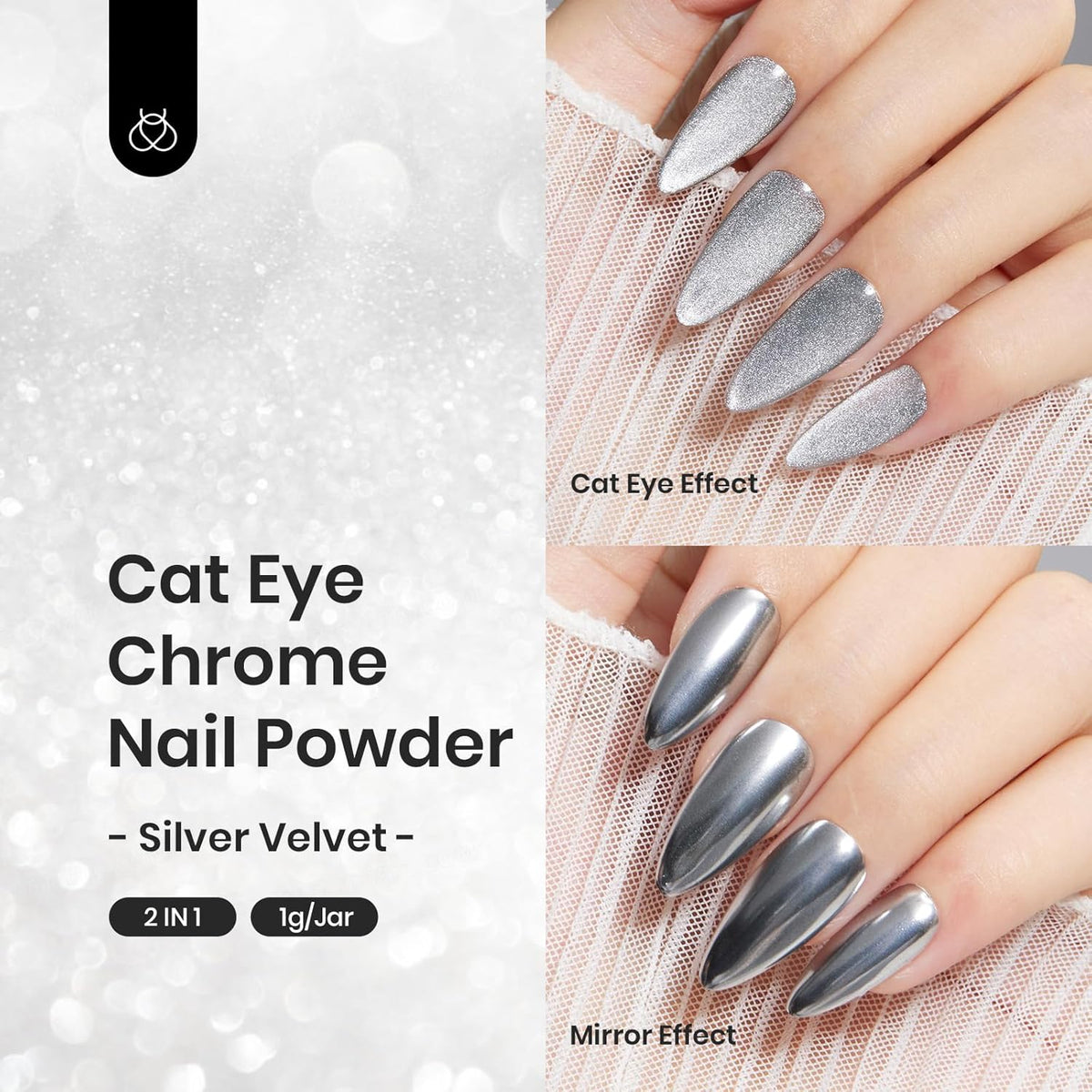 beetles Chrome Nail Powder Metallic with Top Coat Set- Silver Mirror Effect Galaxy Glitter Gel Polish, 1g/Jar with 7.5ml No Wipe UV Gel Top Coat for DIY Nails Art Salon Manicure Design Decoration