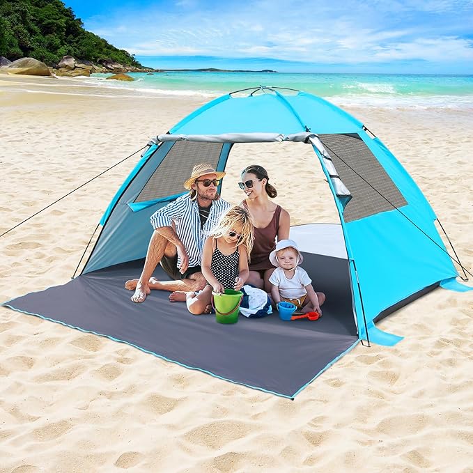 DLUCKY Beach Tent for 1/2/3/4/5/6 Person,Anti-UV Portable Sun Shade ShelterUPF 50+,Both Sides Extendable Floor,Extendable Awning,with 2 Ventilating Mesh Windows,Lightweight & Easy Setup.