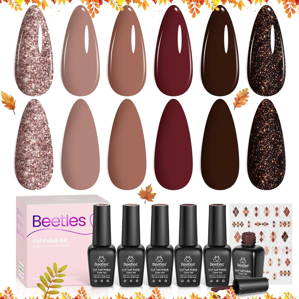 Beetles Fall Gel Polish Set Dark Brown Gel Nail Polish 6 Colors Glitter Burgundy Red Gold Black Sparkle Nail Kit Soak Off Led Manicure DIY Home Salon Gifts for Girls Women Academia Aesthetic