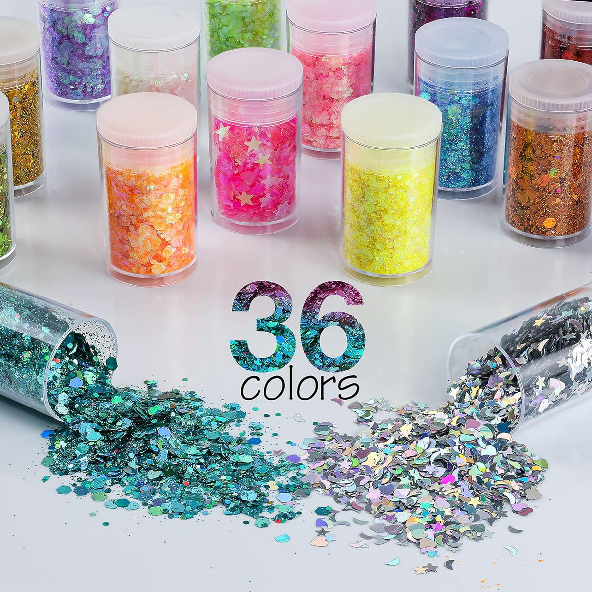 Multicolored Chunky & Fine Glitter Mix, 36 Colors Chunky Sequins & Powder Mix - Iridescent Cosmetic Glitter Flakes for Nail Art, Face, Body, Eyes & Crafts