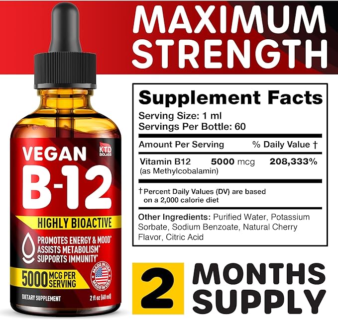 B12 Sublingual 5000 mcg Drops - Made in USA - Vegan B12 Vitamins for Energy, Mood & Memory - Highly Bioavailable Sublingual Drops - Methylcobalamin for Women & Men - 2 fl. oz.