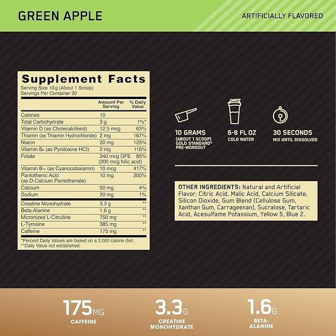 Optimum Nutrition Gold Standard Pre Workout with Creatine, Beta-Alanine, and Caffeine for Energy, Flavor: Green Apple, 30 Servings (Packaging May Vary)