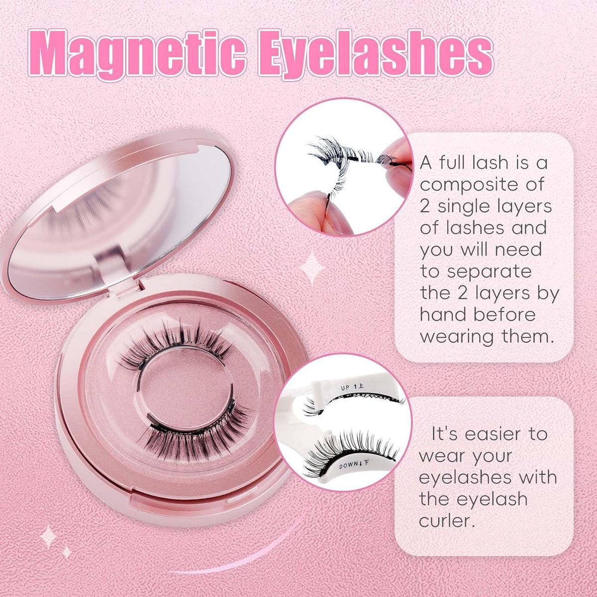 2 Pairs Magnetic Eyelashes with Applicator Waterproof Magnetic lashes Natural Look Reusable Eyelashes Easy to Wear and Remove No glue needed (R3+A05)