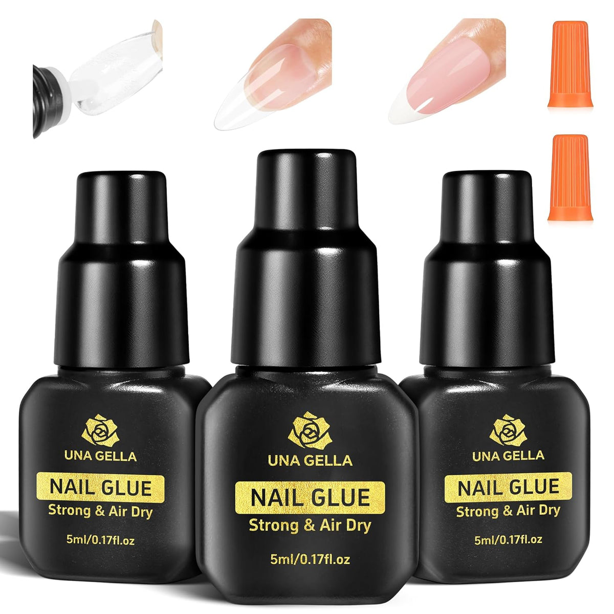 UNA GELLA Fast Drying Super Strong Nail Glue for Press Ons(5ML*3PCS) Acrylic Nails Tips No U/V Light Needed Press On Nail Glue Salon Quality Professional Nail Glue Home DIY with Opener, Drip Use