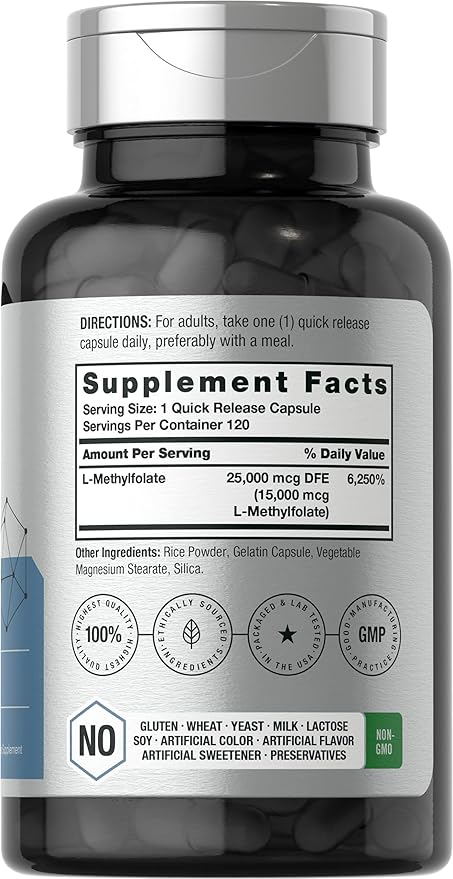 Horbäach L Methylfolate 15000 mcg | 120 Capsules | 15mg Methyl Folate | 5-MTHF | Non-GMO, Gluten Free Supplement