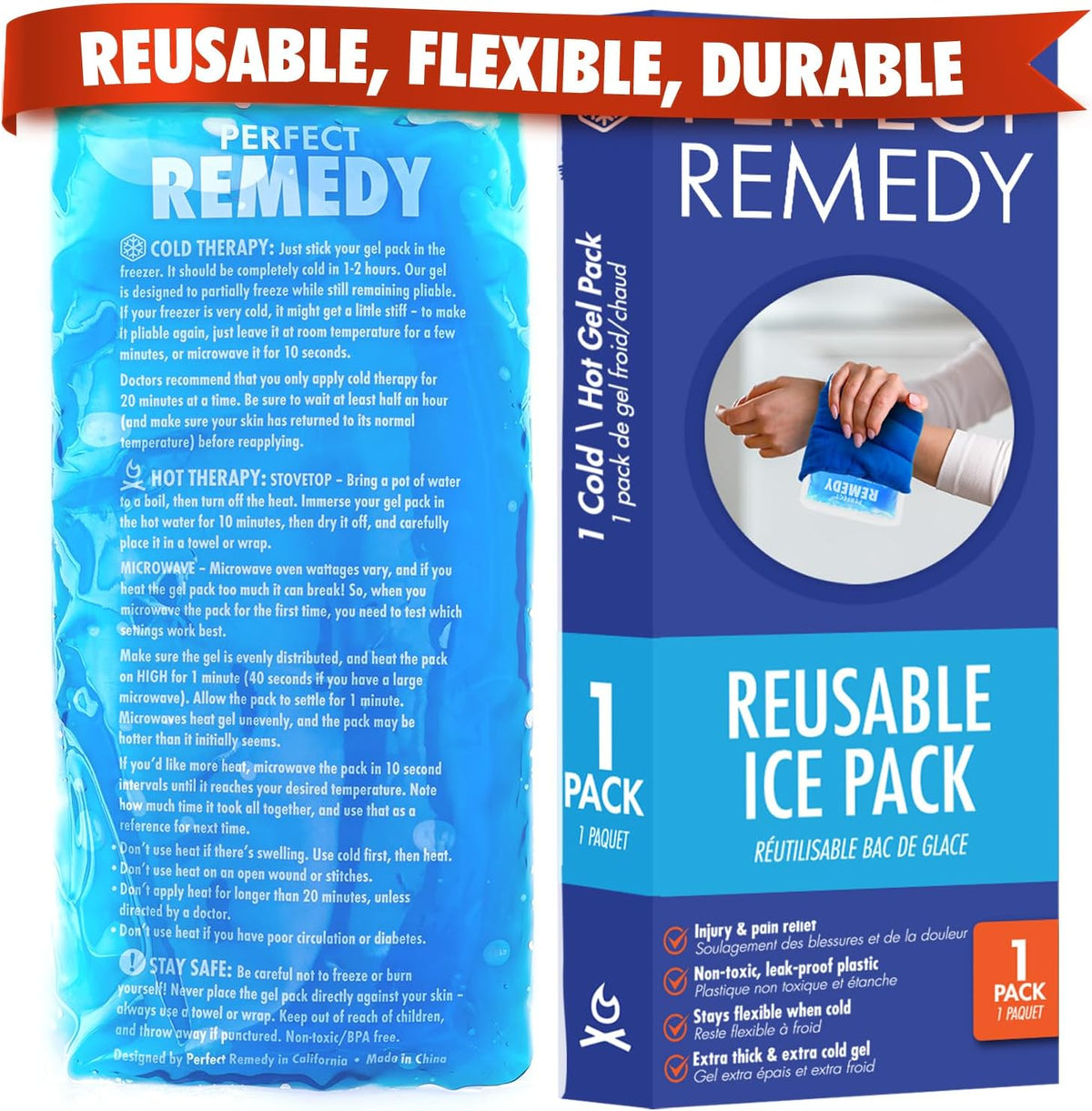 Perfect Remedy Gel Ice Pack - Hot & Cold Compress, Reusable Injury Ice Pack for Knee, Shoulder, Back, Neck, Hip, Ankle, Wrist, Foot Pain Relief & Injury Recovery Soft Gel for Muscle Strain (Blue, Reg)