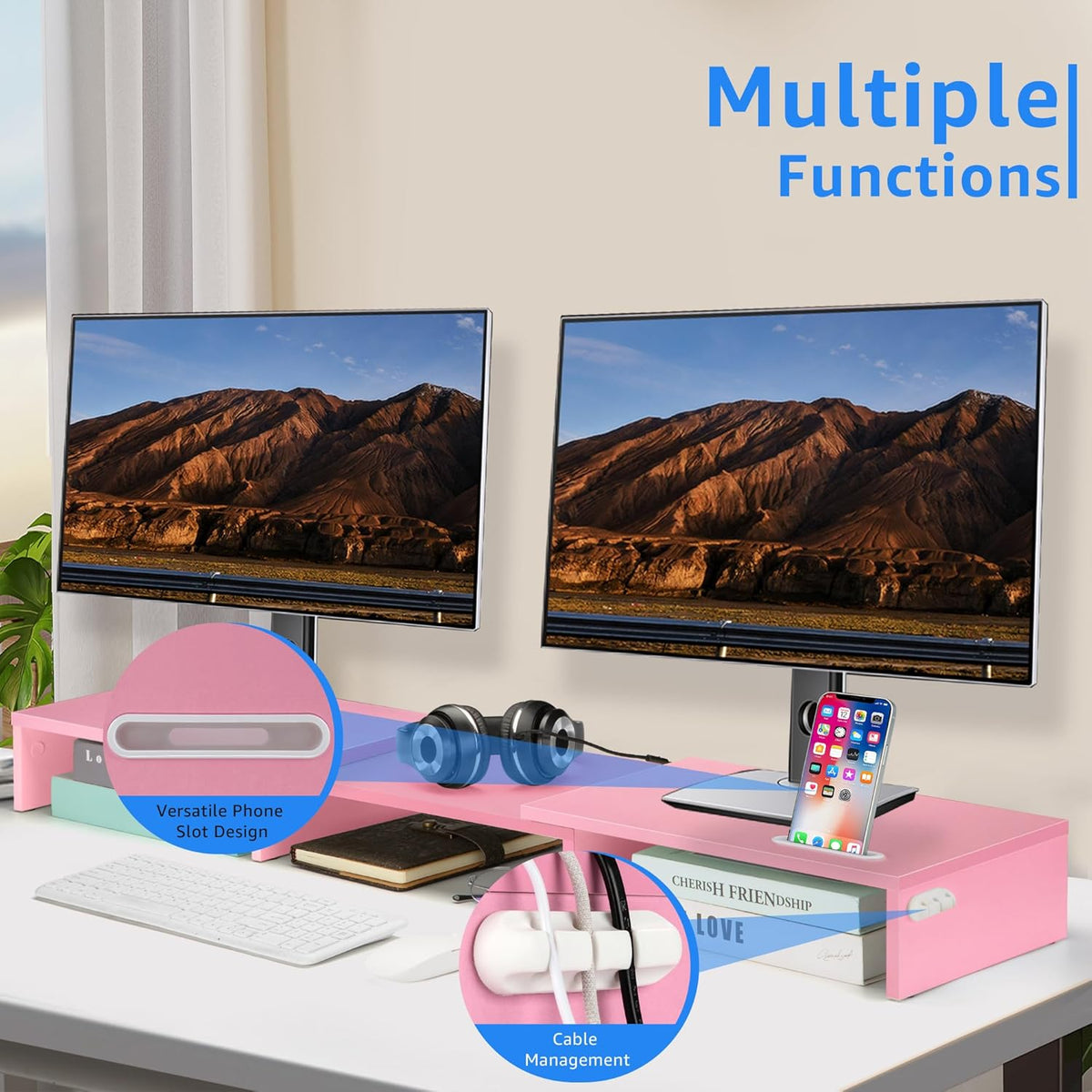Dual Monitor Stand Riser for 2 Monitors, Monitor Stand for Desk, Adjustable Length & Swivel Angle Wooden Desktop Organizer Stand Riser with Smartphone Holder for PC Monitor Laptop, Pink