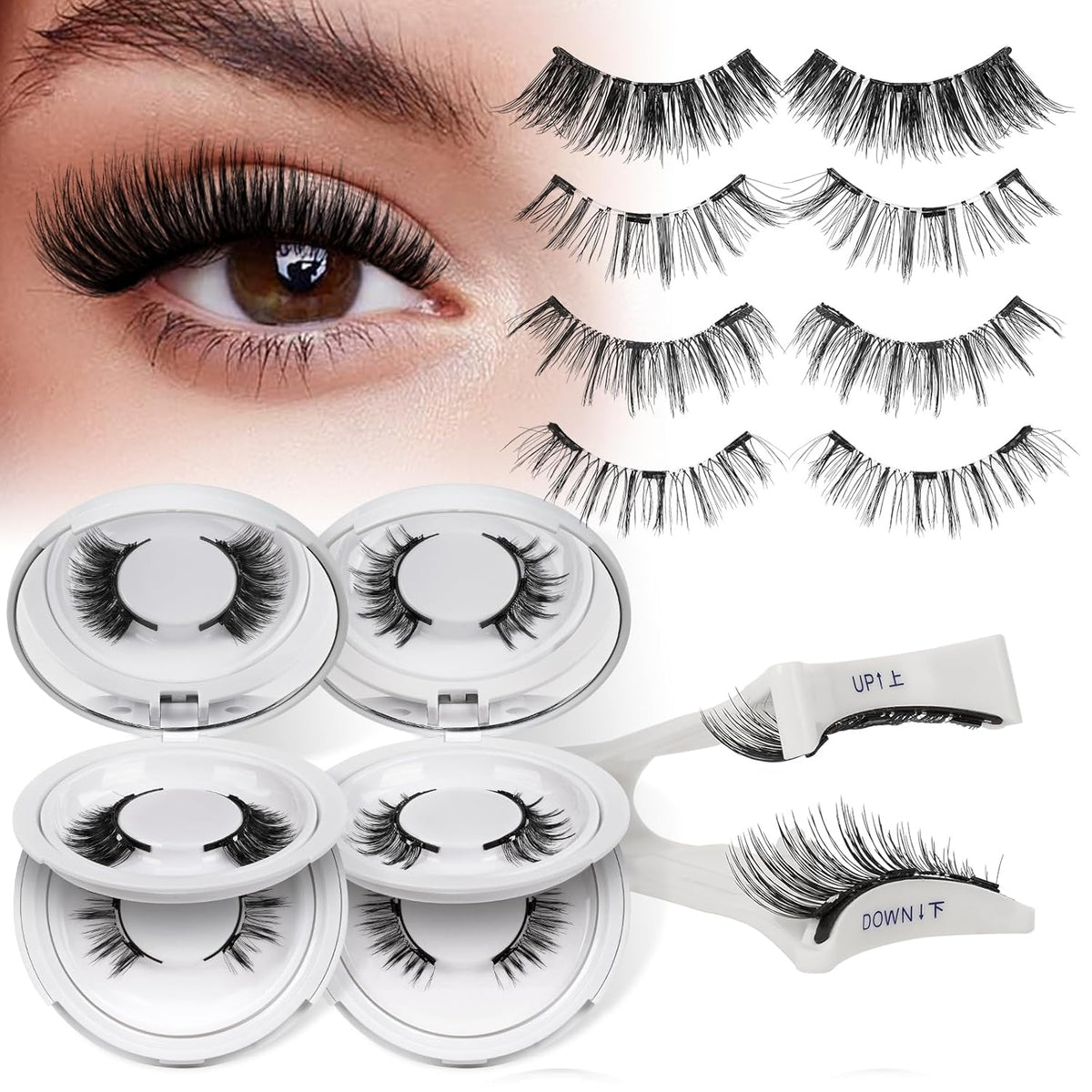 QUEWEL Magnetic Eyelashes 4 Pair Reusable Magnetic Eyelashes with Applicator No Glue Needed Eyelashes Natural Look Lash Clusters Kit Easy to Wear and Remove(4 Pairs-B02)