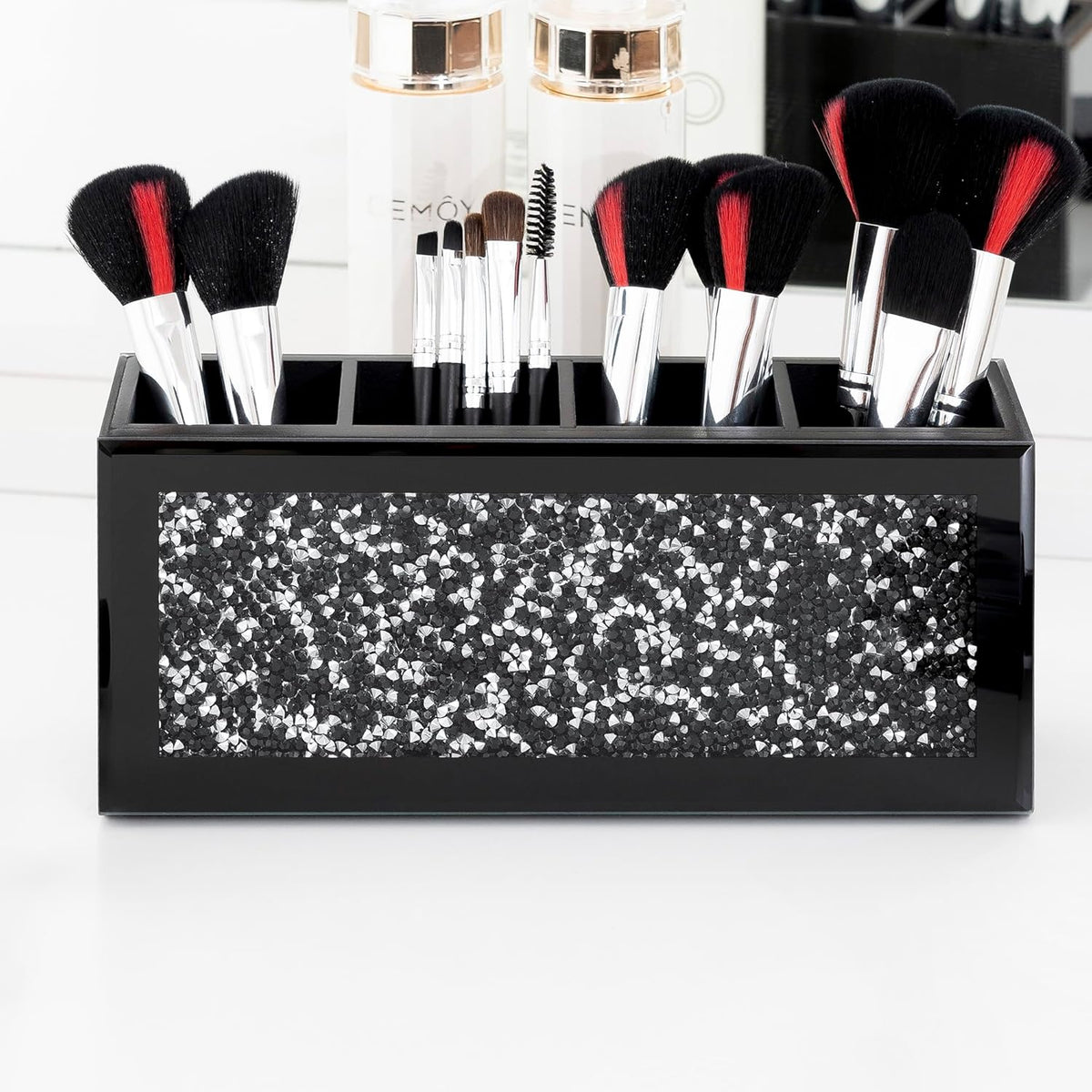 SHYFOY Black Makeup Brush Holder, 4-Compartment Makeup Organizer with Crushed Diamond Crystals, Vanity Cosmetics Organizer Solution, Pencil Holder Organizer for Desk