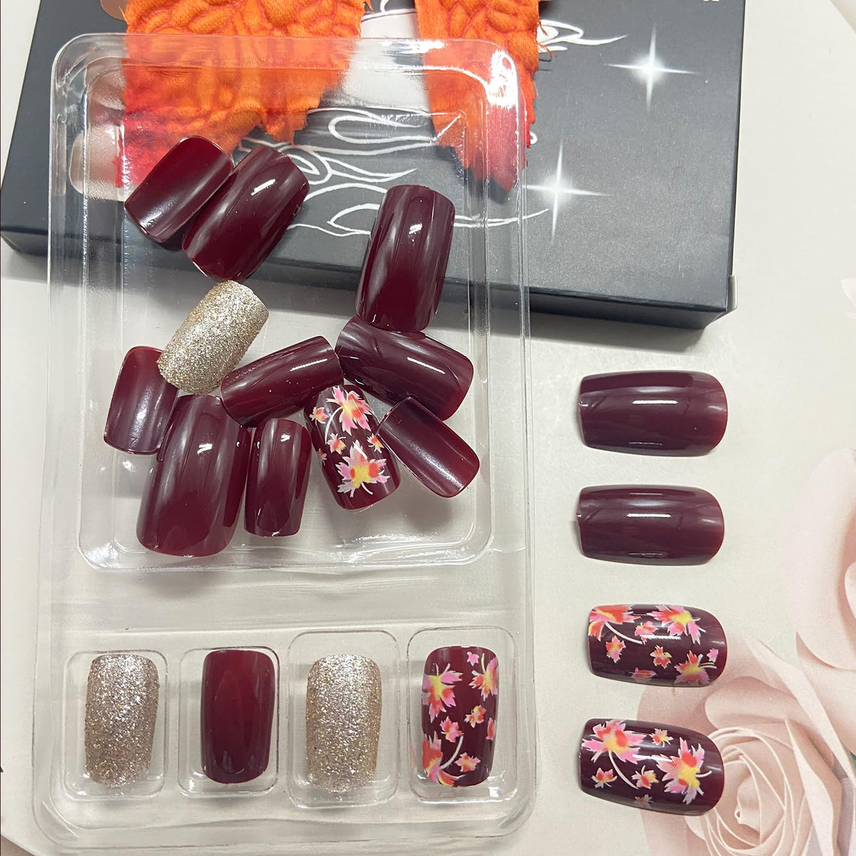 Wine Red Fall Press on Nails Medium Square Thanksgiving Maple Leaf Fake Nails Glossy Maple Leaves Glue on Nail Autumn Gold Glitter Acrylic Stick on Nail for Women DIY Manicure