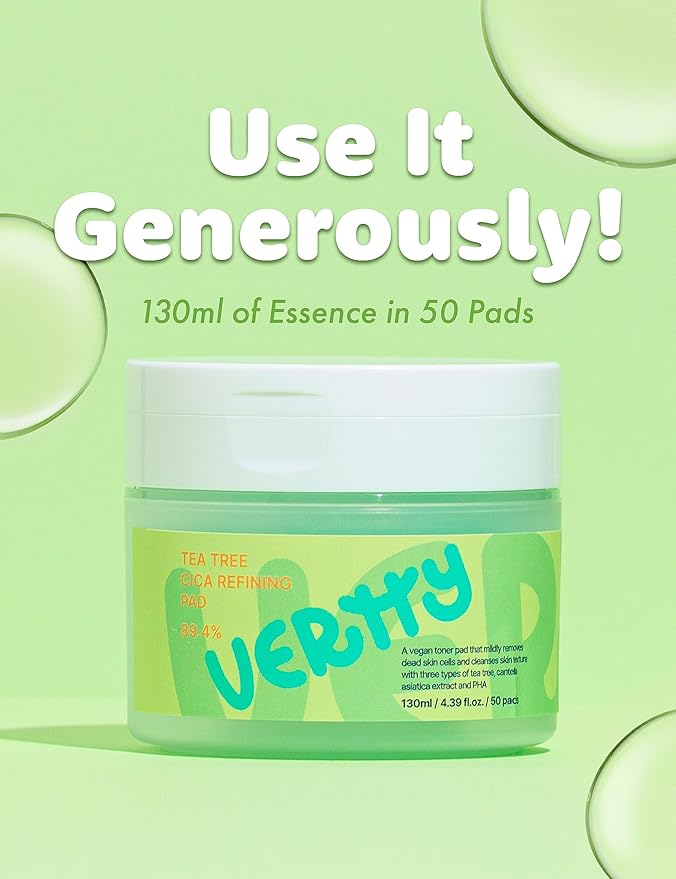 Vertty Tea Tree Cica Toner Pad | Exfoliating, Hydrating, Redness Relief Toner Pad for face | 100% Vegan Cotton Pad | Long-lasting Hydration | All Skin Types | Teens & Kids Skin Care (50 Count, 4.4oz)