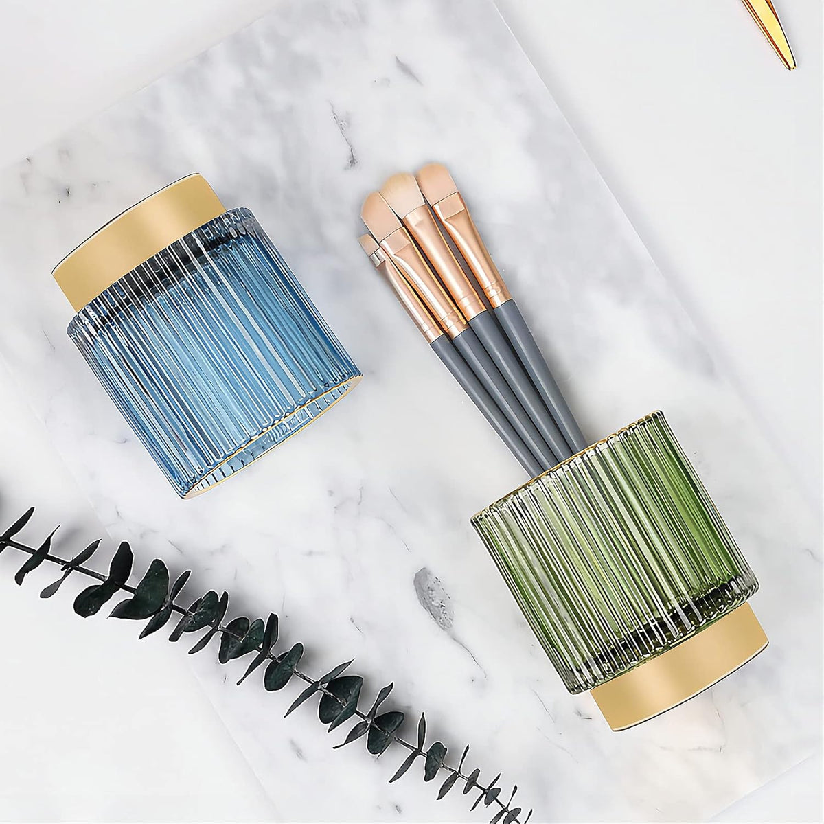DASITON Makeup Brush holder Organizer,Crystal Cosmetic Makeup Brush Glass Brushes Storage Holder, Vintage Make Up Brush Cup Pen Pencil Holder striped vase(Blue S)