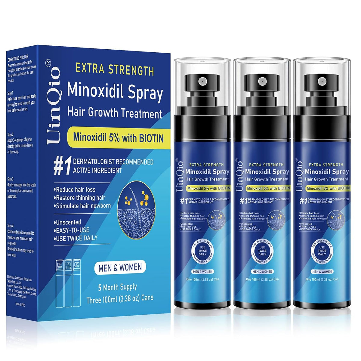 5% Minoxidil Spray for Men and Women, Infused with Biotin, for Hair Regrowth Treatment, Beard Growth, Extra Strength Treatment to Combat Hair Loss and Thinning, 5 Month Supply, 3 x 3.38 oz