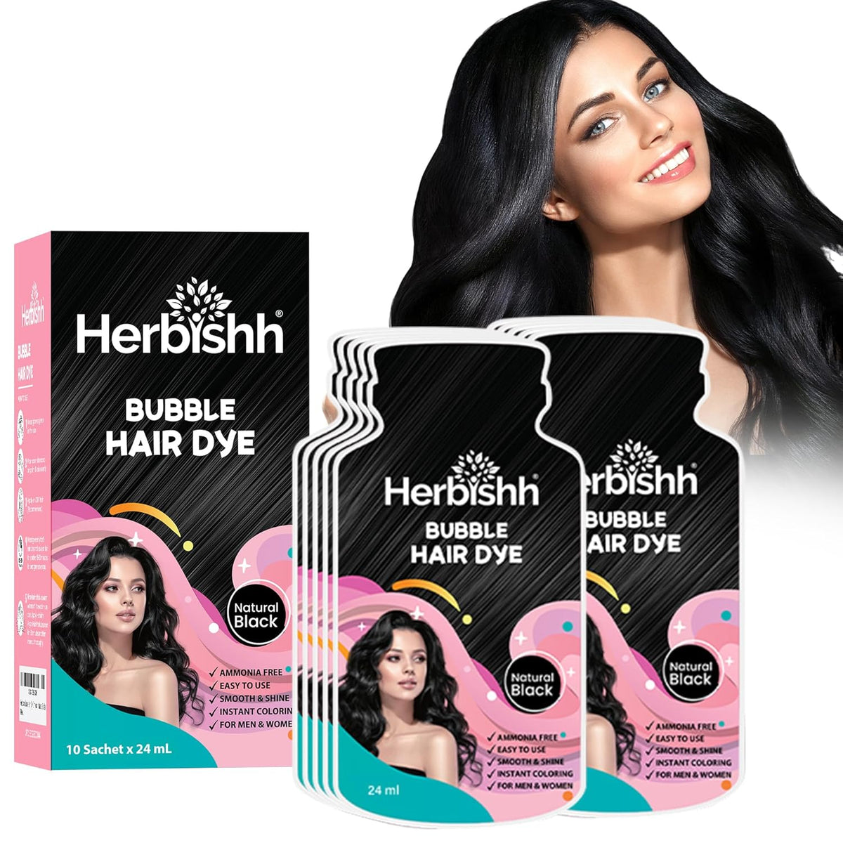 Herbishh Bubble Foam Hair Dye Shampoo, 3 in 1 Dye for 100% Grey Coverage, Permanent & Instant Hair Coloring for Men & Women, Long-lasting & Travel-friendly, Ammonia-free, 10 Sachet x 24 ml (Black)