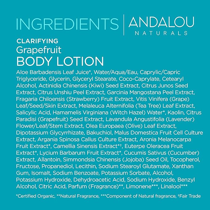 Andalou Naturals Body Lotion, Clarifying Grapefruit Skin Care, Lightweight, Gentle Exfoliating & Moisturizing Lotion with Salicylic Acid & Tea Tree for Skin Prone to Back Acne & Blemishes, 8 fl oz