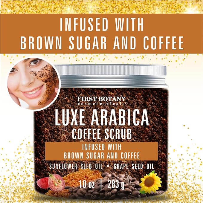 First Botany Body Scrub - Natural Exfoliating Sugar Scrub & Body and Face Souffle helps with Moisturizing Skin, Acne, Cellulite, Dead Skin Scars, Wrinkles (10 fl oz, Brown Sugar + Coffee)