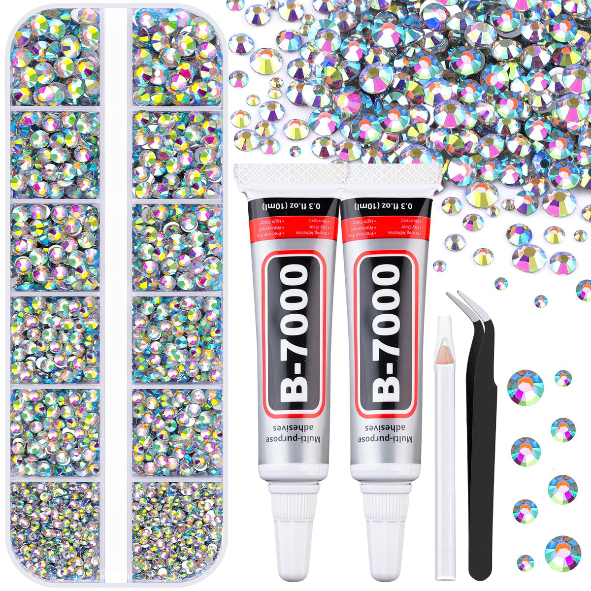 6100Pcs Jelly Resin Rhinestones for Crafting with 2Pcs 10ml B7000 Jewelry Glue, 1 Box Flatback Crystals Diamond (Clear AB) for Bedazzling Crafts DIY Nail Art Non Hotfix Gems for Clothing Shoes