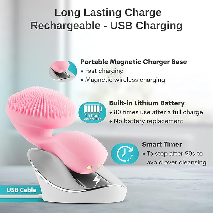 Silicon Facial Cleansing Brush - Electric, Rechargeable, Waterproof IPX7 - Rotating Magnetic Beads - 4 Function Modes - Face Massage for Deep Cleaning - Magnetic Charging Base - Ergonomic Handle