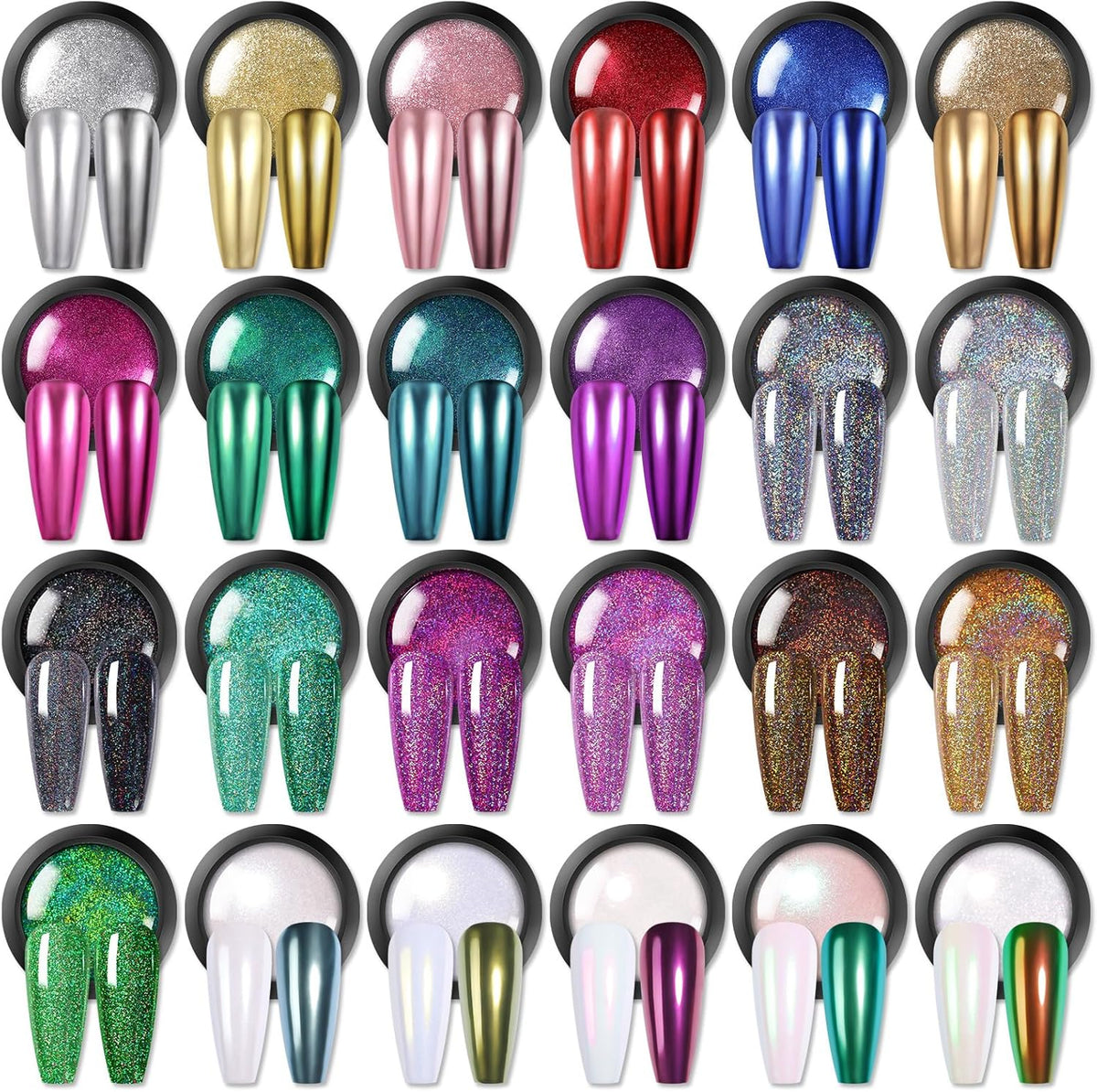 BORN PRETTY Holographic Nail Powder Mirror Metallic Powder Pigment Gold Silver Red Purple Blue Green 24 Colors Manicure Nail Art Decoration Sets for Christmas Gifts
