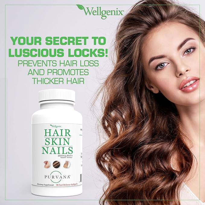 Wellgenix Purvana Hair, Skin, and Nails - One a Day Softgel - 2500mcg Biotin, DMAE, MSM, Horsetail, Grape Seed Extract - Anti Aging, PCOS & Postpartum Hair Growth, Strong Nails (90 Count)