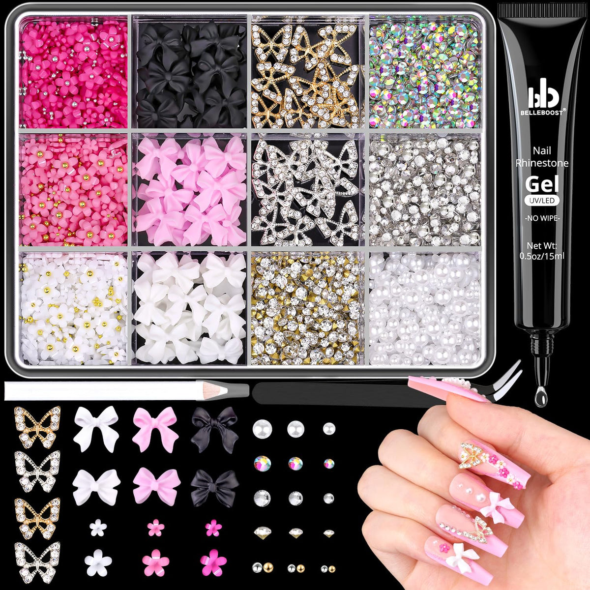 3D Nail Charms and Gems Set 10 with Rhinestone Glue, 20PCS Chunky Butterfly Charms + 60PCS Nail Bows in 2 Styles + 3D Flowers with Crystals, Pearls, Diamonds, and Picker Tools for Y2K Nail Decor