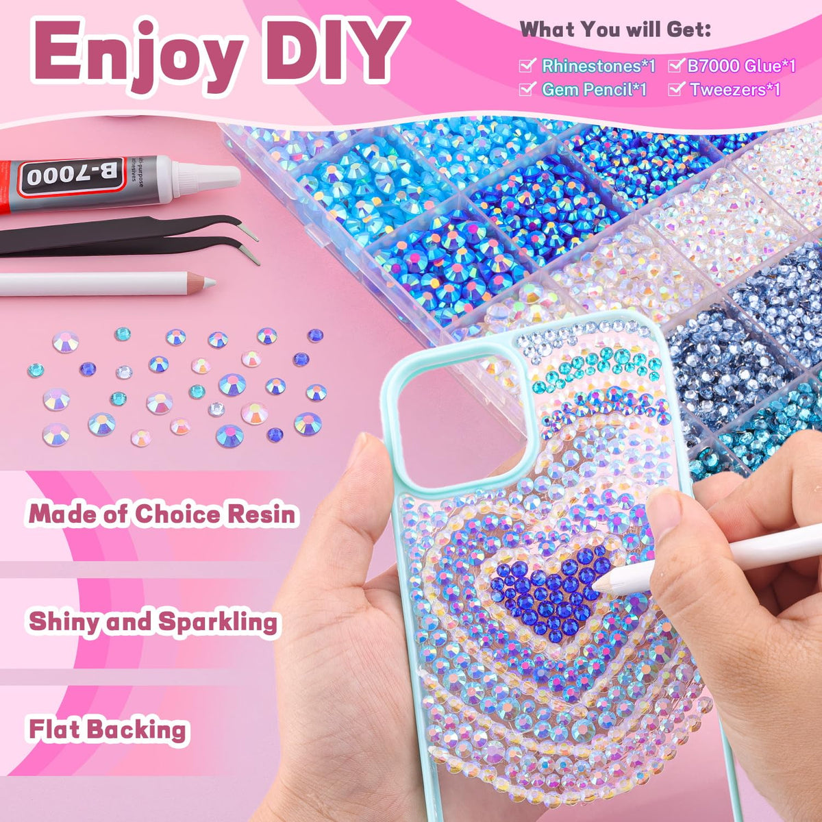 20000Pcs Blue Rhinestones for Bedazzling with 1Pcs B7000 Jewelry Glue, Resin Rhinestones for Crafting Crafts DIY, Bedazzler Kit Gems for Clothing Shoes Tumblers Nail Art Assorted Size 3/4/5/6mm