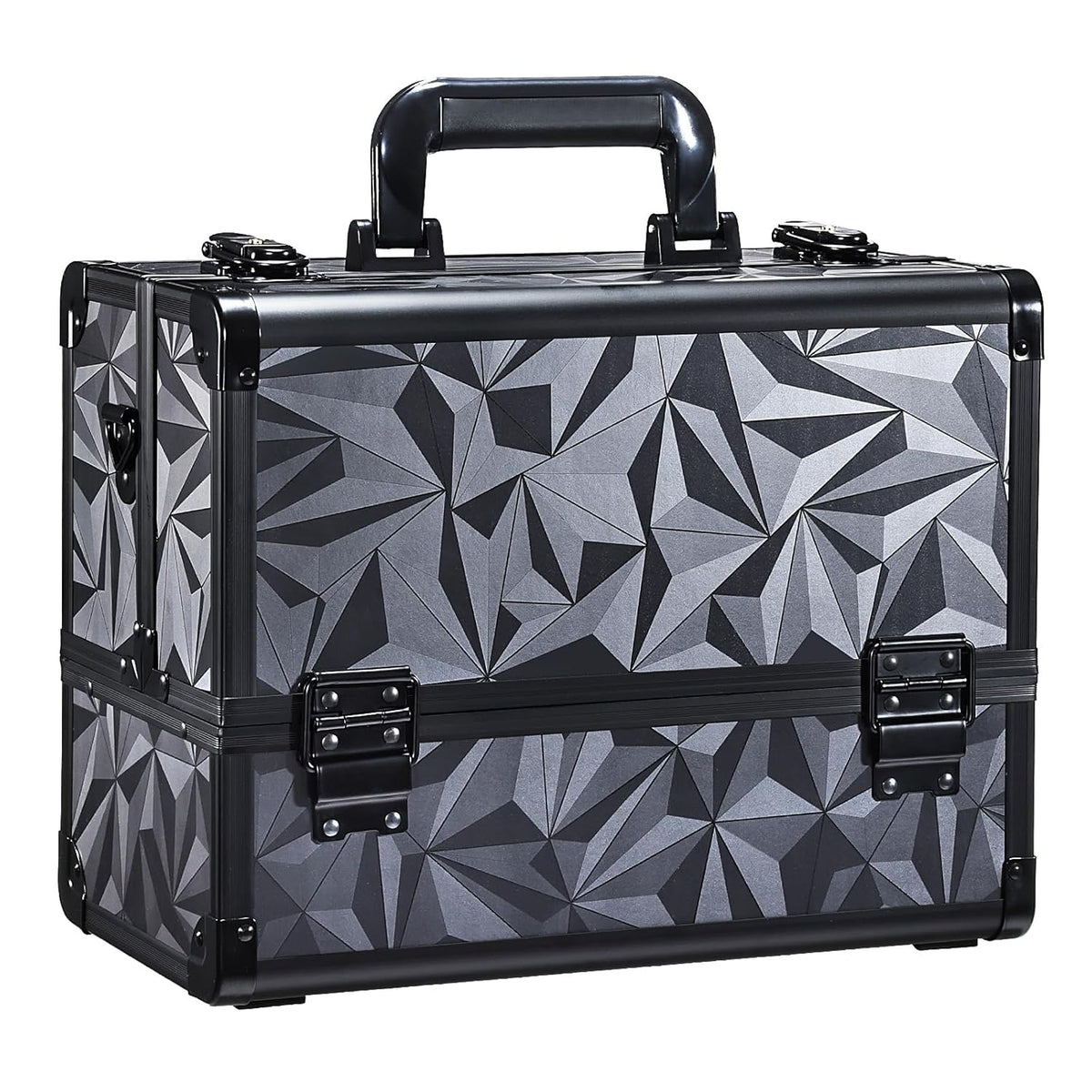 FRENESSA Makeup Case Extra Large Makeup Train Case 12.6 Inch Makeup Box Organizer Profressional Make Up Cases Storage Cosmetic Artist Travel Case with Divider Shoulder Strap Hard Vanity Dark Black