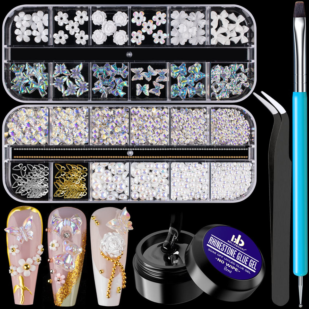 Mixed 3D Nail Art Gem Decoration Accessories Kit #4, Aurora Bear Bow Butterfly Starry AB Rhinestone Charm Jewelry for Deco, Pearl Flower Caviar Bead Stone Crystal with Dual-End Brush and Tweezer