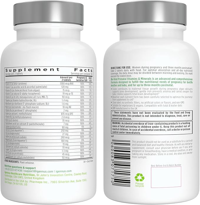 Igennus Methylated Prenatal Multivitamin for Women, Folate for MTHFR, High Absorption, Clean Label, Gentle Iron, Choline, Calcium & Magnesium, Vegan Pregnancy Vitamins, Halal, Non-GMO, 60 Tablets