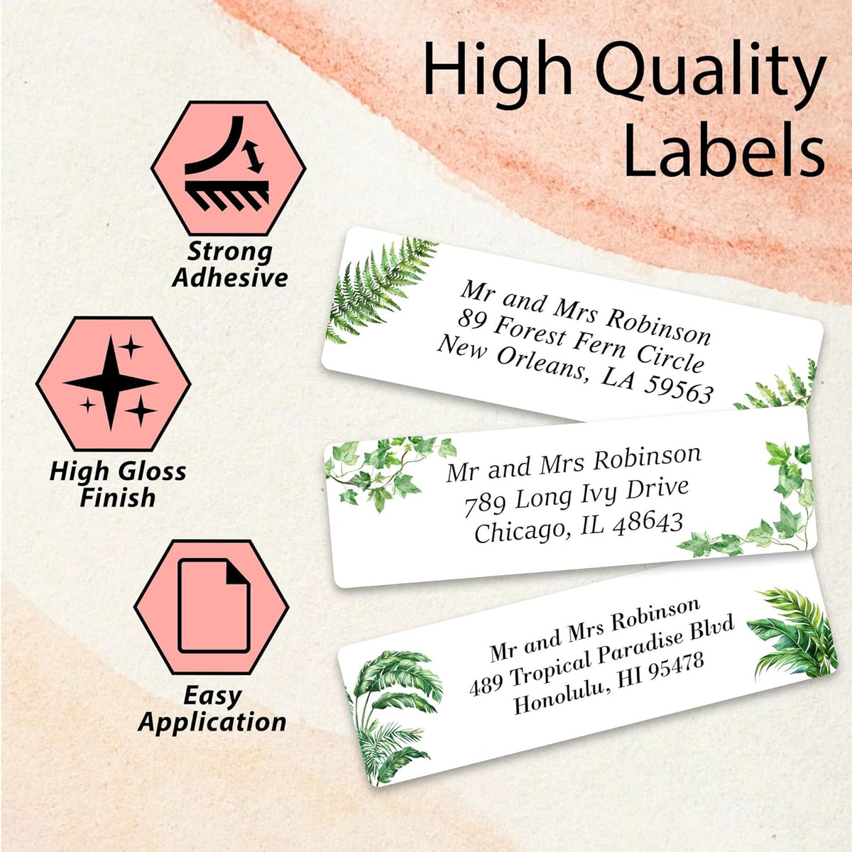 Personalized Return Address Labels Greenery - High Gloss Custom Mailing Labels on Sheets - Self-Adhesive Return Stickers for Envelopes with Crisp Printing Design (50-1000)