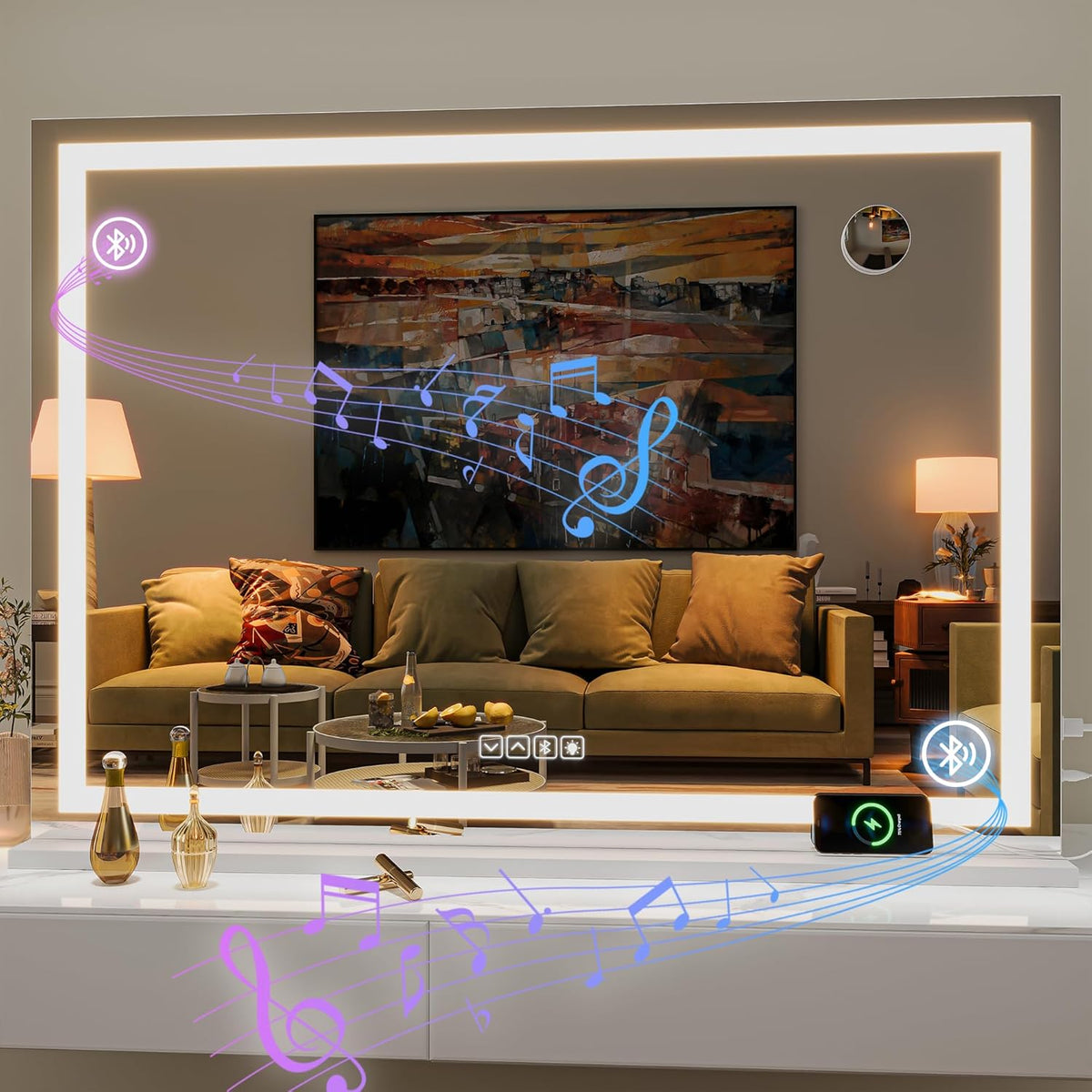 Hasipu Vanity Mirror with Lights and Bluetooth Speaker, 42" x 29.5" LED Makeup Mirror, Lighted Makeup Mirror with Dimmable 3 Modes, Touch Screen Control Vanity Mirror Square White