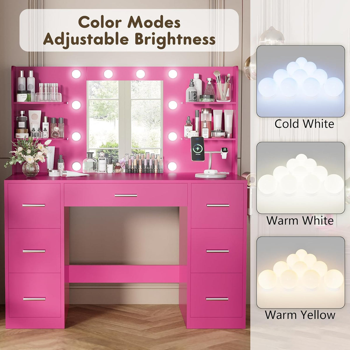 YESHOMY Vanity Desk with Mirror, Power Outlet and 10 Lights, Makeup Table with 7 Drawers, 3 Color Modes Available for Bedroom, Rose Red